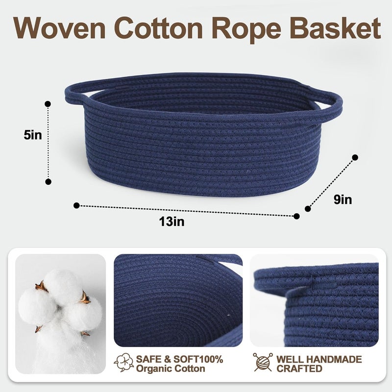 WILLITAT Small Baskets for Gifts Empty, 13"x 9"x 5" Woven Gift Basket with Bag and Ribbon, Cotton Rope Kids Dog Cat Toy Bin Box, Cute Baby Nursery Organizer, Decorative Storage with Handles,Dark Blue - Image 4